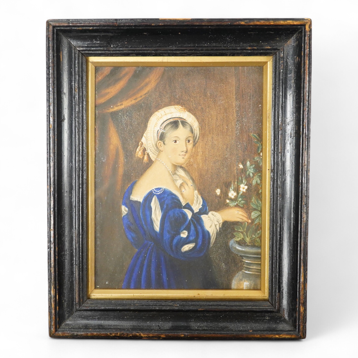 19th century School, Half length portrait miniature of a young woman wearing a turban, watercolour on card, 15 x 11cm, framed